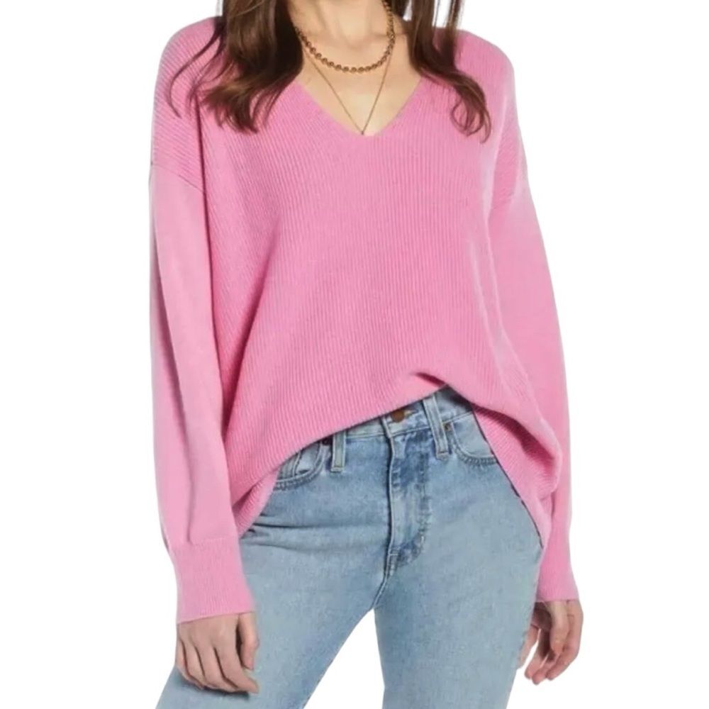 Something Navy Bubblegum Pink Wool Blend V Neck Slouchy Sweater Women’s Size XS